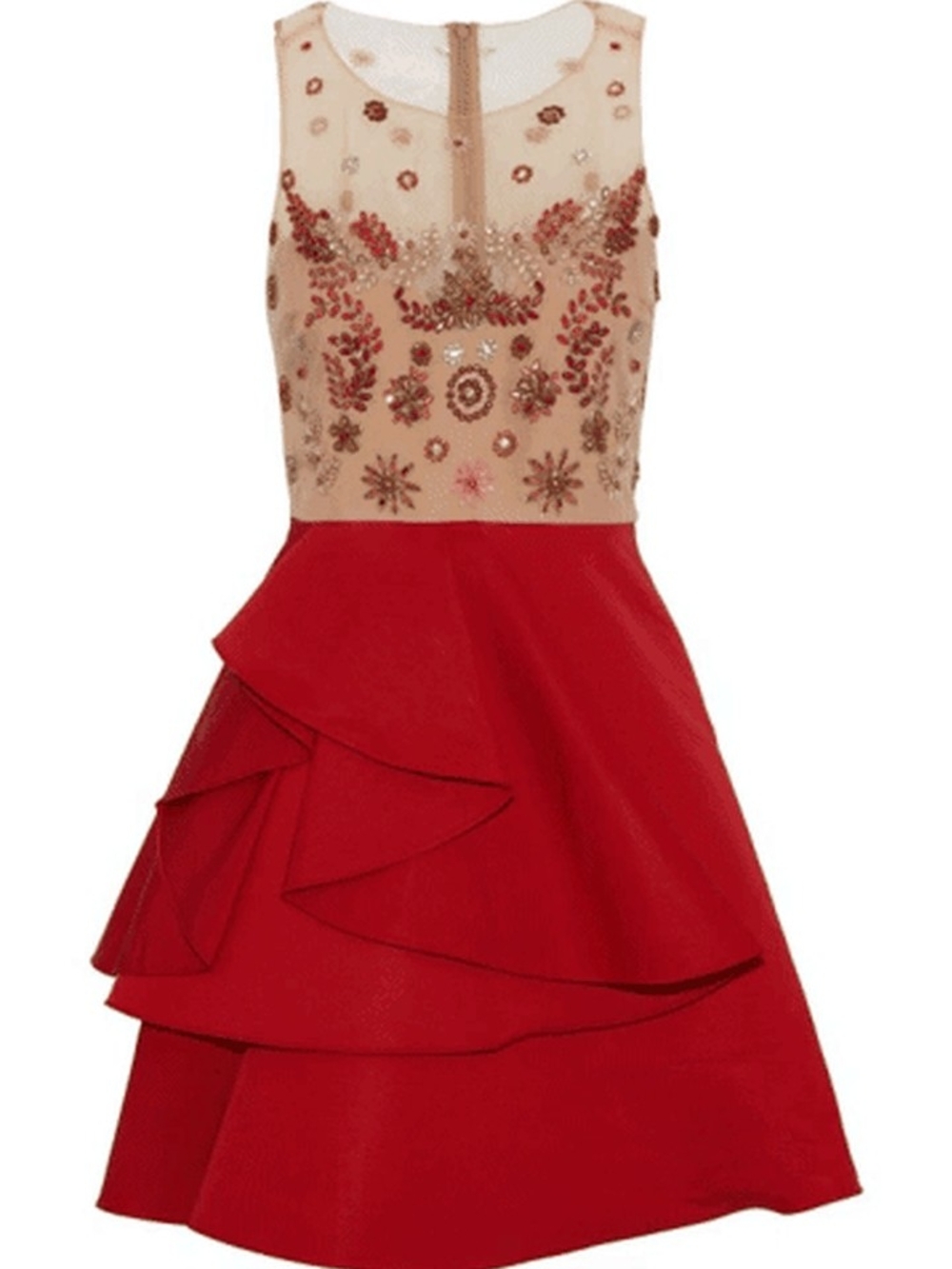 Marchesa Notte Red & Nude Embellished Cocktail Dress – Designer Formal Dress
